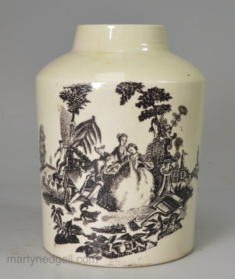 Creamware pottery tea canister printed in black, circa 1780