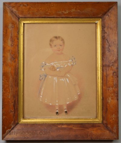 Watercolour of a young girl with her doll, circa 1840