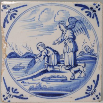Dutch Delft biblical tile, "Tobias and the Angel", circa 1750