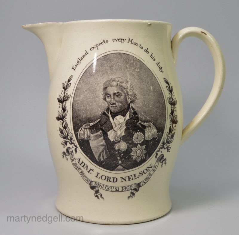 Creamware pottery jug commemorating the battle of Trafalgar and Admiral Nelson's death, circa 1805