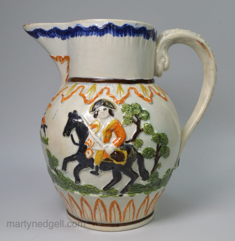 Prattware pottery jug moulded with the Duke of Cumberland, circa 1800