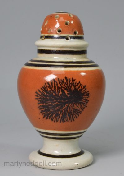 Mocha ware pepper pot with dendritic design, circa 1830