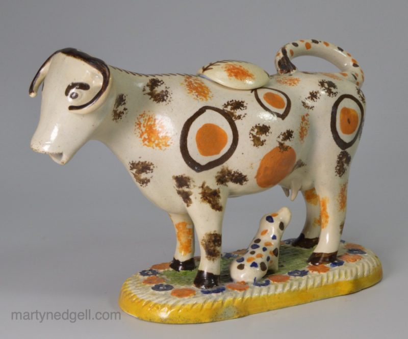 Prattware pottery cow creamer, circa 1800