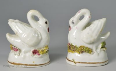 Small pair of Staffordshire porcelain swans, circa 1840