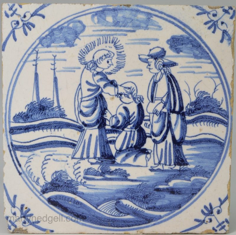 Dutch Delft biblical tile, "Christ healing the blind man", circa 1750