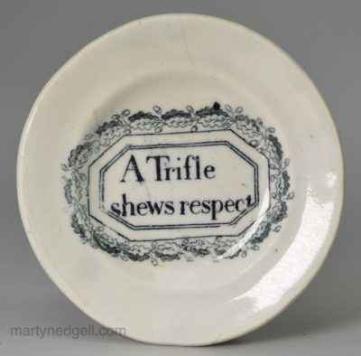 Small pearlware pottery plate "A Trifle shews respect", circa 1820
