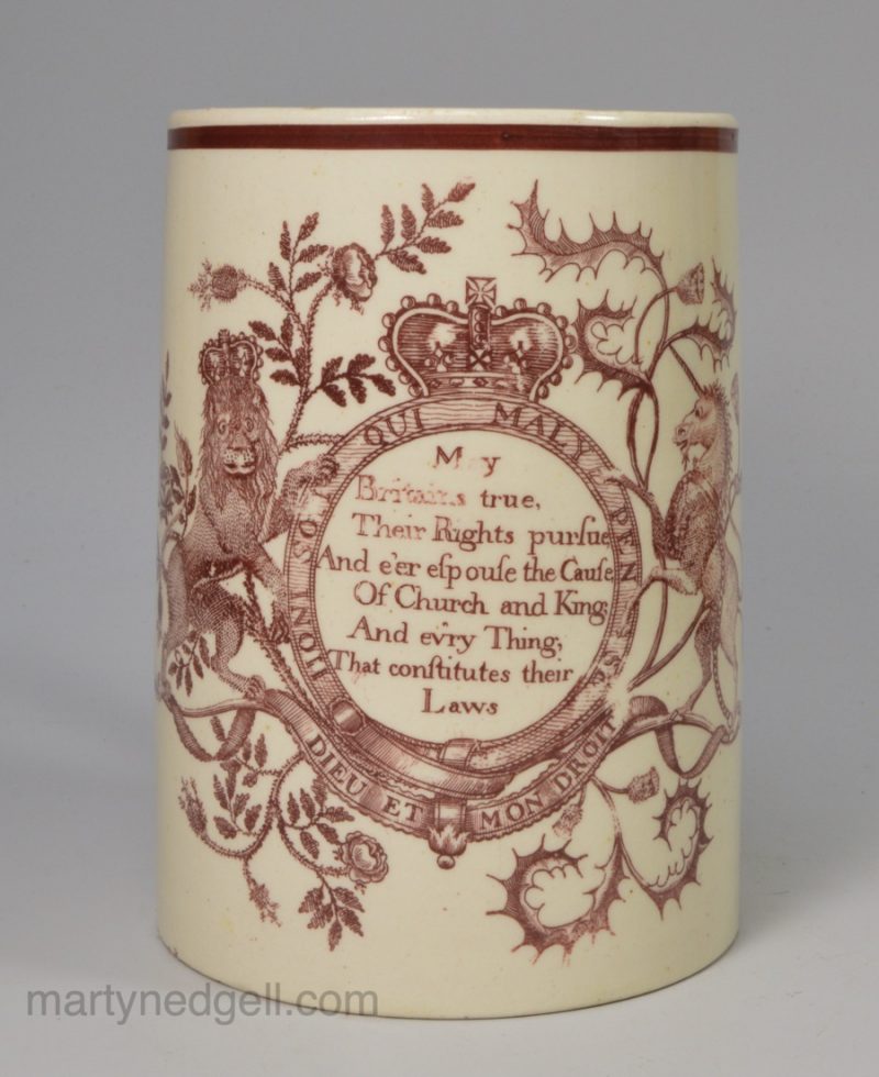 Creamware pottery mug printed with a patriotic verse, circa 1790