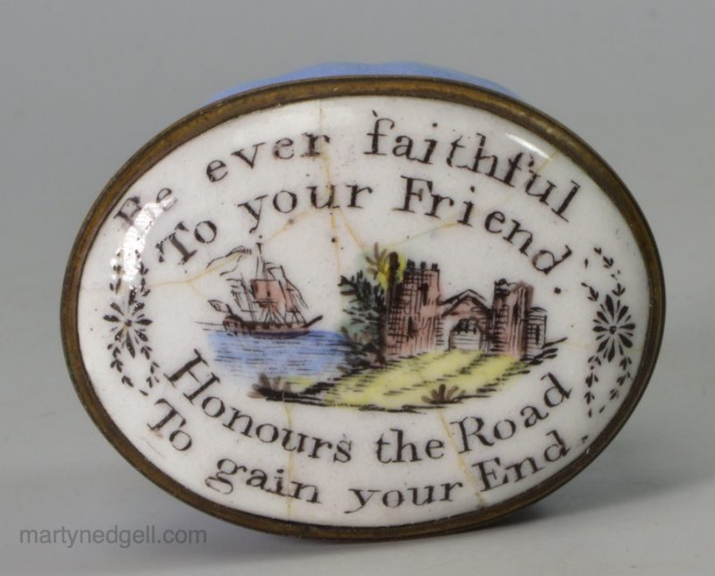 Bilston enamel box "Be Ever Faithful To your Friend Honours the Road To gain your End", circa 1780