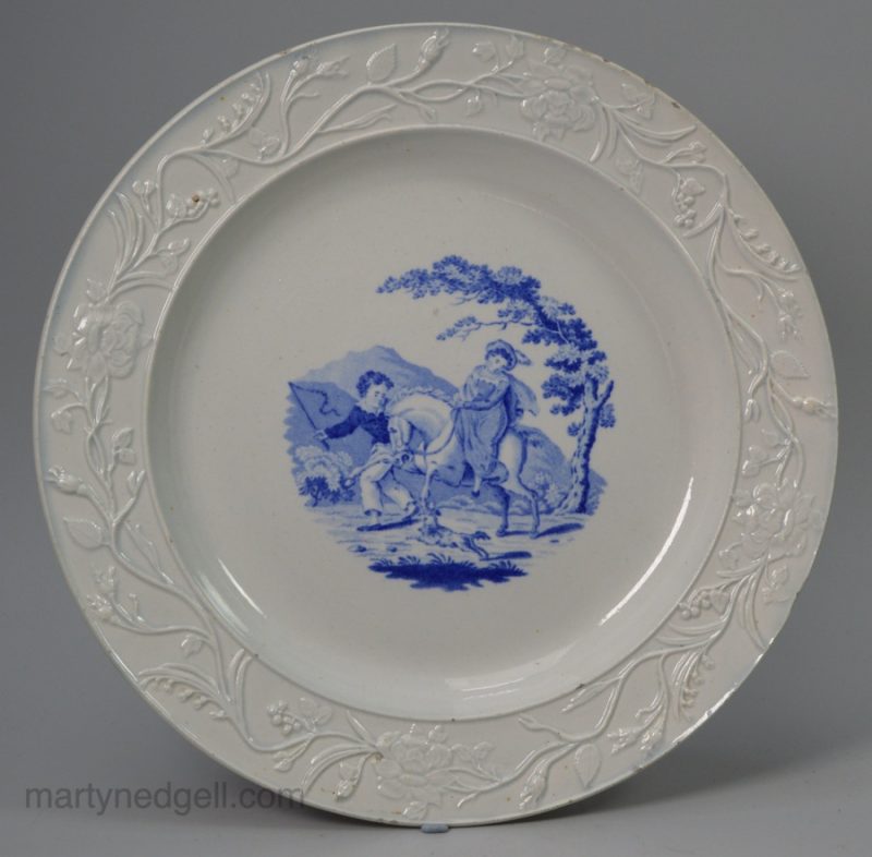 Pearlware pottery plate decorated with a blue transfer under the glaze, circa 1820