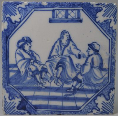 Liverpool delft biblical tile, "Joseph interpreting dreams of the Butler and Baker", circa 1750