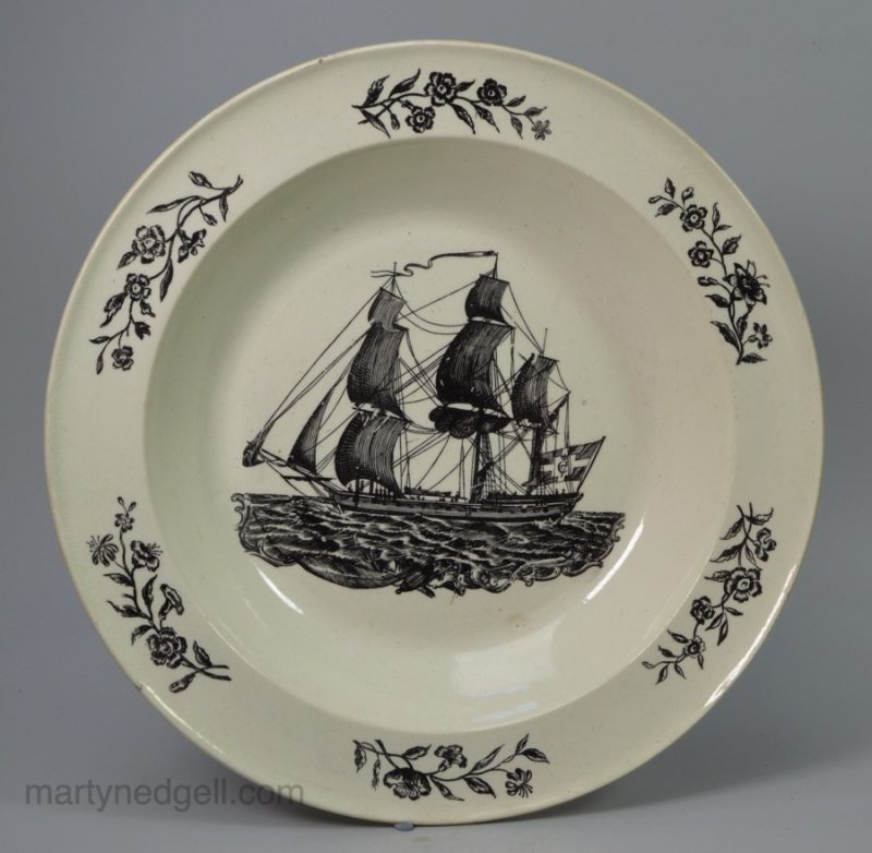 Creamware pottery soup plate decorated with a Danish ship, circa 1780