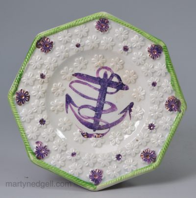 Small pearlware plate decorated with a lustre anchor, circa 1840