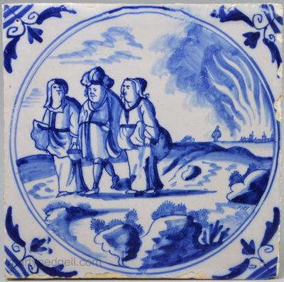 London delft biblical tile, "Lot and his daughters", circa 1750