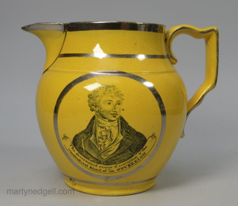 Canary yellow jug commemorating Sir Frances Burdett, circa 1810