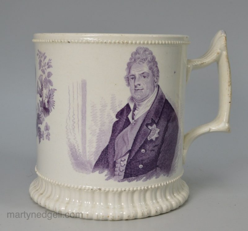Pearlware pottery mug commemorating the coronation of William IV and Queen Adelaide, circa 1831