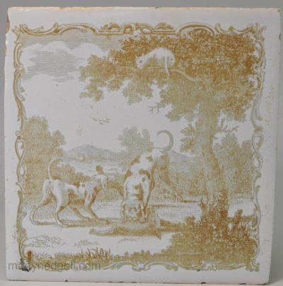 Liverpool delft tile printed by Sadler with Aesop's Fable "The cat and the Fox", circa 1770