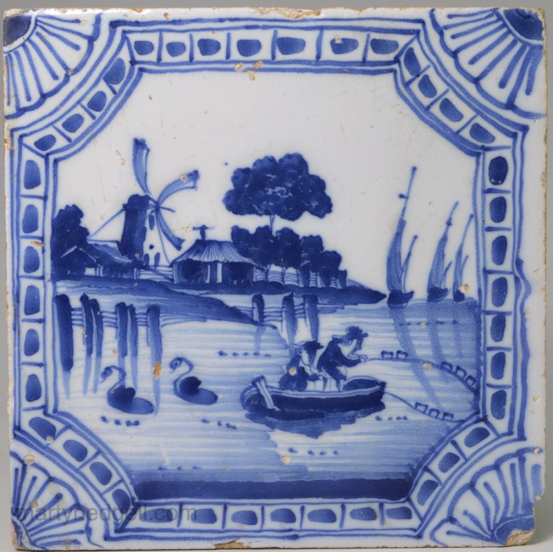 Liverpool delft tile decorated in blue with fishermen using nets, circa 1750
