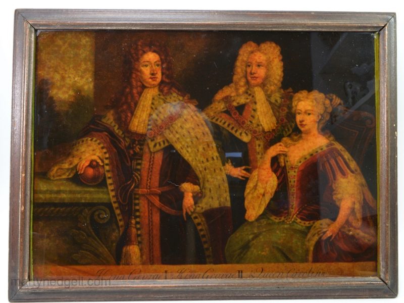 Early reverse print on glass of George I, George II and his wife Queen Caroline, circa 1740