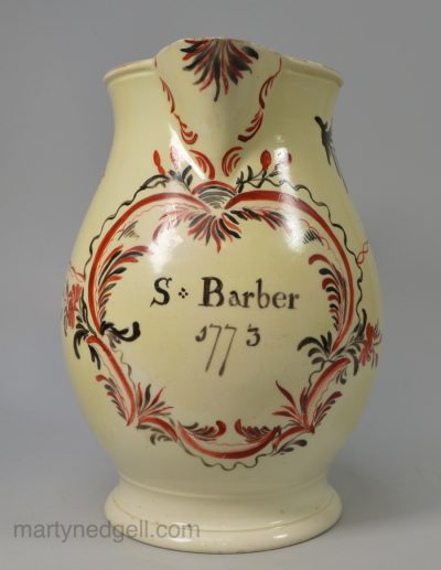 Creamware pottery jug, dated 1773, probably Leeds Pottery