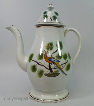 Prattware pottery coffee pot decorated with pea hens, circa 1820
