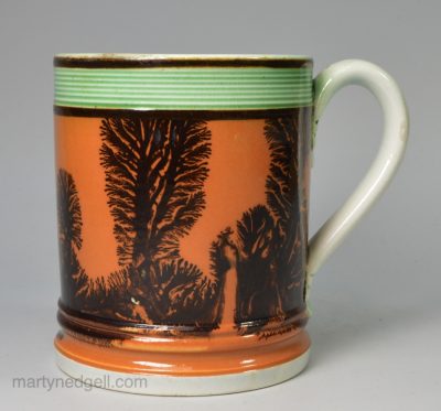 Pearlware pottery mug decorated with dendritic mochaware design, circa 1820