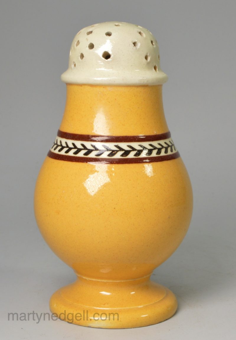 Mocha ware pottery pepper pot, circa 1820