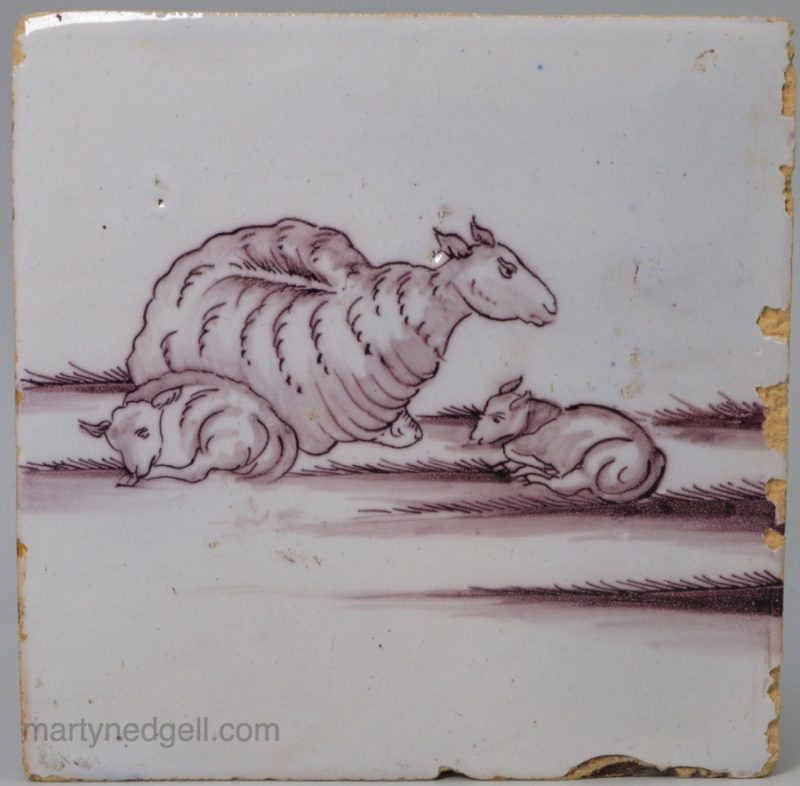 Liverpool delft tile painted with sheep, circa 1750