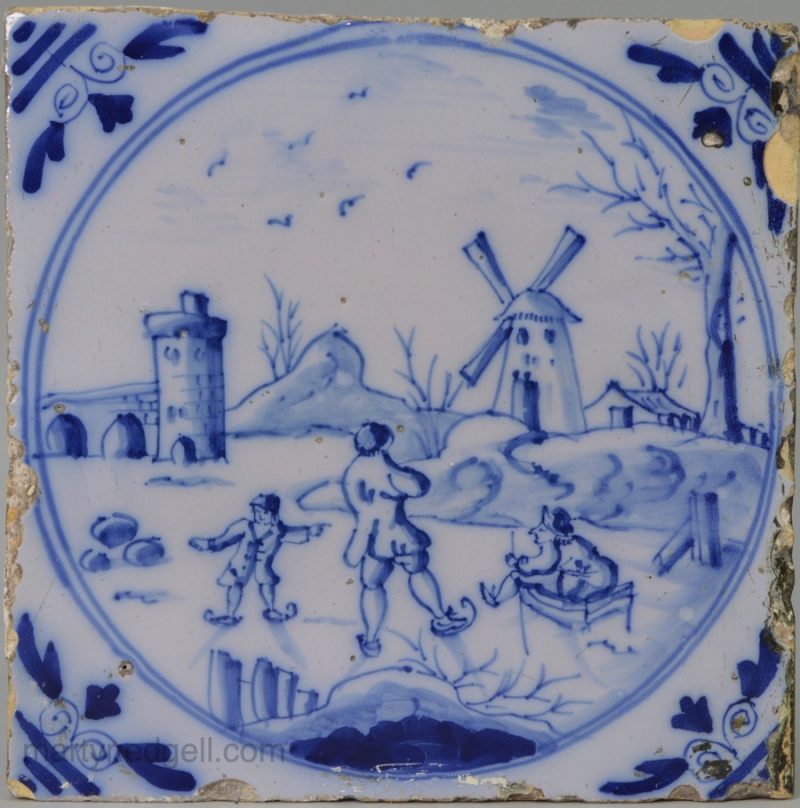 London Delft tile painted with ice skaters, circa 1750
