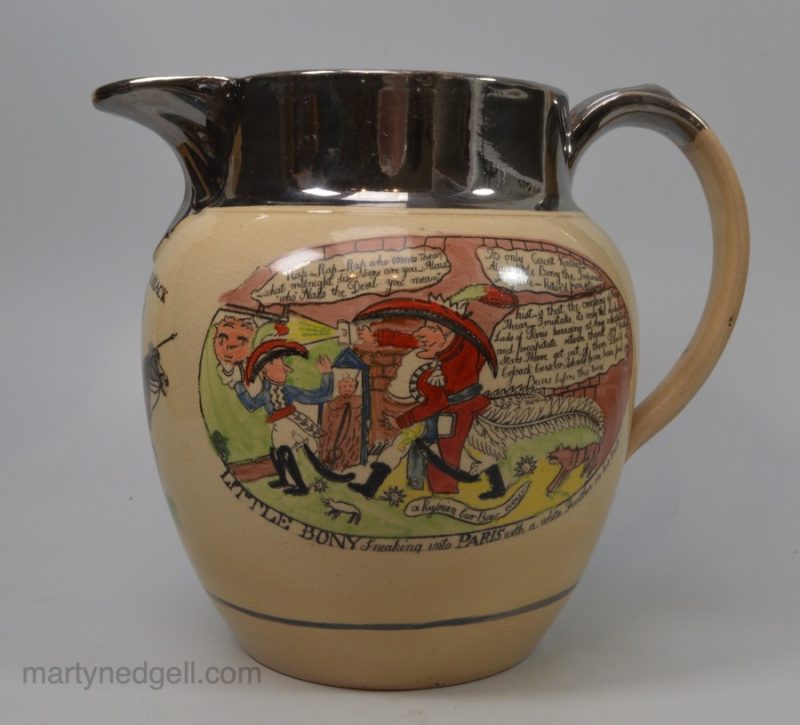 Drabware pottery jug decorated with Napoleonic cartoons of Napoleon's defeat in Russia, circa 1810