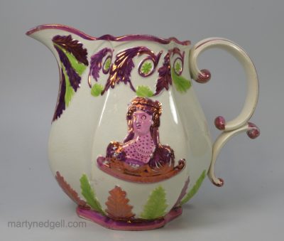 Commemorative pearlware pottery jug moulded with Princess Charlotte and Prince Leopold made for the marriage, circa 1816