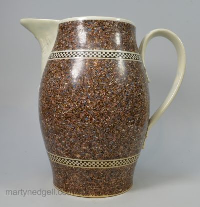 Large pearlware pottery serving jug decorated with surface agate, circa 1790
