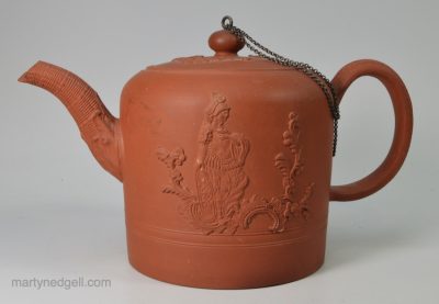 Staffordshire red stoneware teapot decorated with sprigs of Minerva, circa 1760, William Greatbatch Pottery