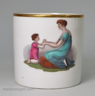 New Hall porcelain coffee can decorated with an Adam Buck style print, circa 1820