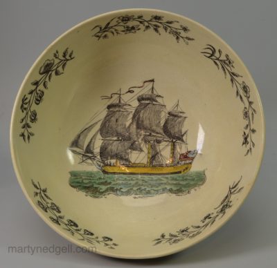 Liverpool creamware pottery bowl printed with a ship, circa 1790