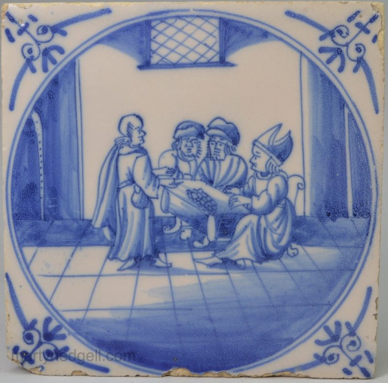 Dutch Delft biblical tile, "Judas betraying Jesus", circa 1750
