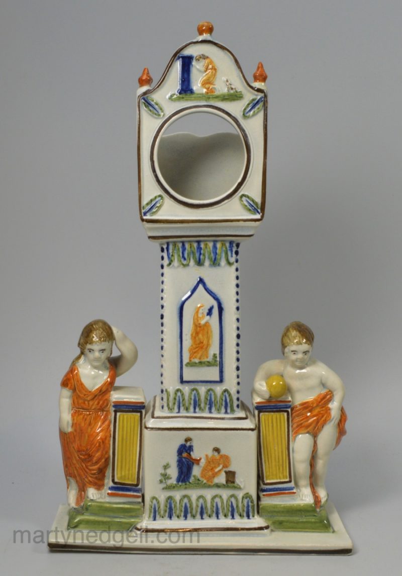 Prattware pottery long case clock watch stand, circa 1820