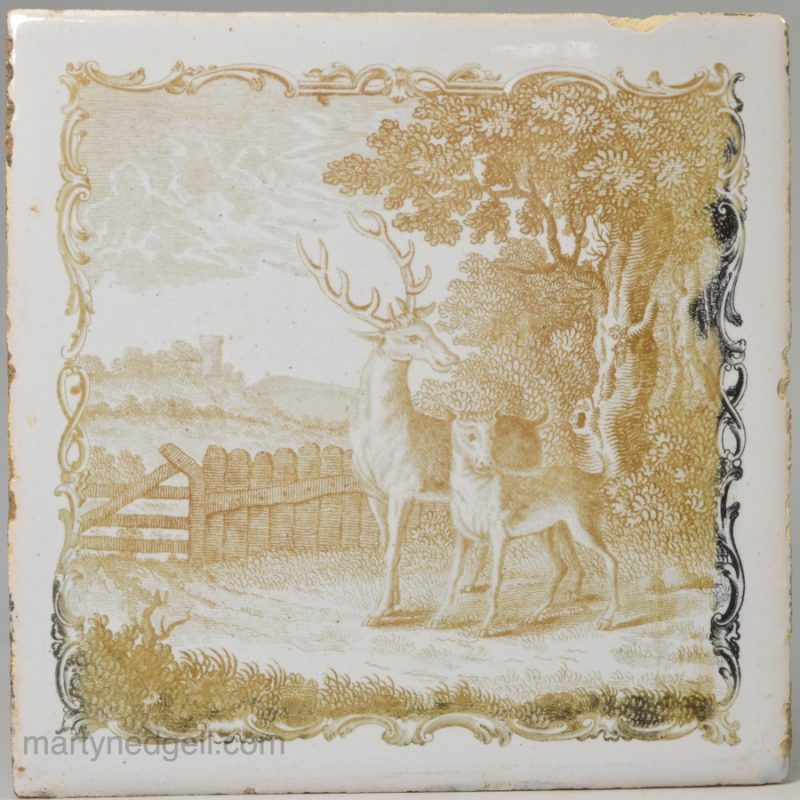 Liverpool delft tile printed by Sadler with Aesop's Fable "The Stag and the Fawn", circa 1770