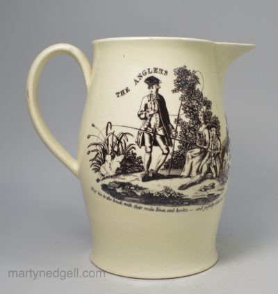 Creamware pottery jug printed in black with "The Anglers" and "May Day", circa 1790