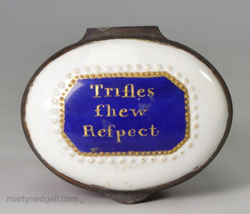 Bilston enamel patch box "Trifles shew Respect", circa 1770