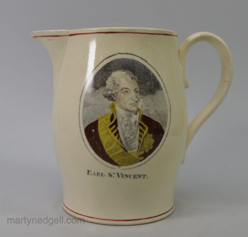 Creamware pottery commemorative jug Earl St. Vincent, circa 1797, Liverpool Pottery