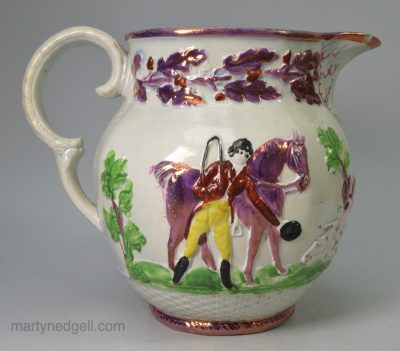 Pearlware pottery hunting jug with pink lustre decoration, circa 1820