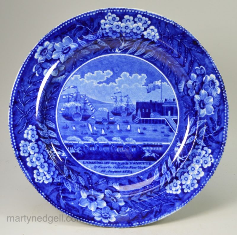 Pearlware pottery plate transfer printed with Landing of General Lafayette, circa 1824, Clews Pottery