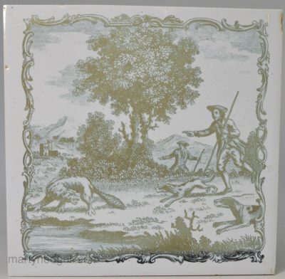 Liverpool delft tile printed by Sadler with Aesop's Fable "The Hunted Beaver", circa 1770