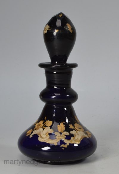 Enamelled blue glass scent bottle, circa 1880