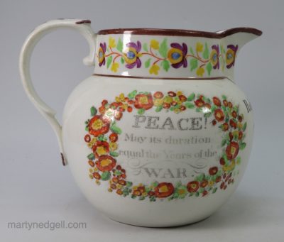 Porcelain commemorative jug celebrating the peace with France after Waterloo, the Treaty of Paris, dated 1817