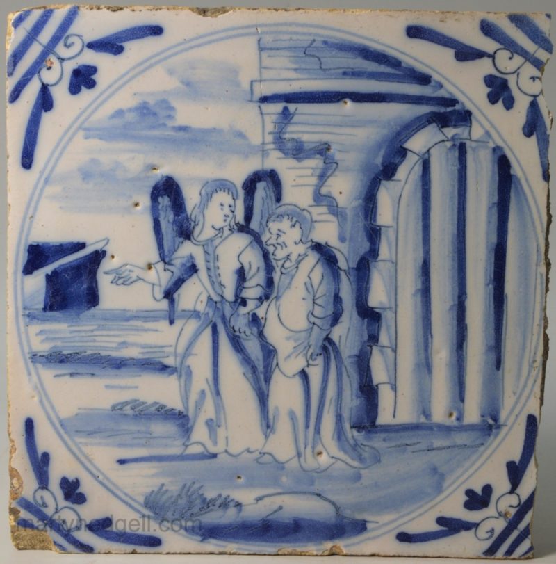 London delft biblical tile, "St Peter escapes from prison", circa 1750