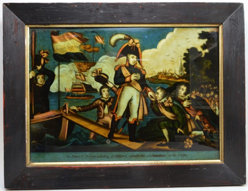 Reverse print on glass of "Prince of Orange landing in Holland amidst the acclamations of the People", circa 1813
