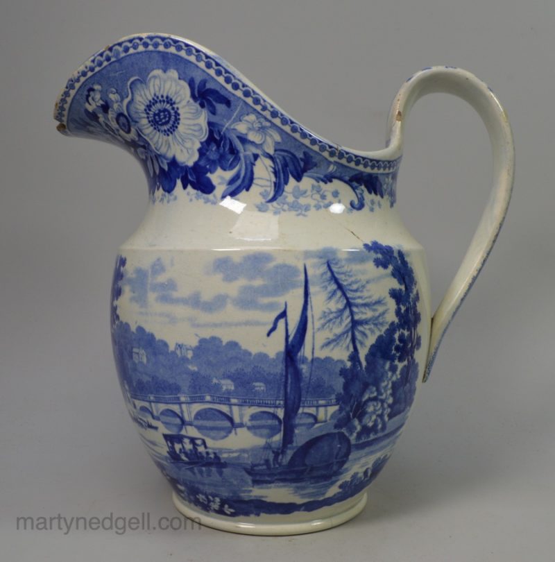 Pearlware jug decorated with blue transfer print from the British Scenery series, circa 1820