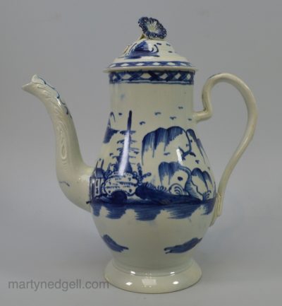 Pearlware pottery coffee pot painted in blue under the glaze, circa 1790