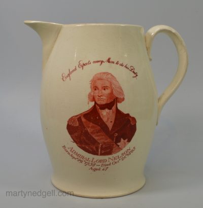 Commemorative creamware jug celebrating the death of Admiral Nelson and the Battle of Trafalgar, circa 1805